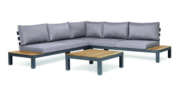 Vienna Corner Lounge Set 4-piece With Teak Top Alu Royal Gray Mat + Pepper Gray Cushions Water Repellent