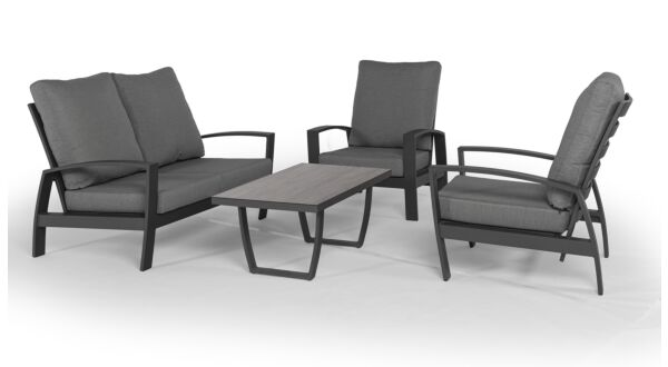 Ensemble de canapés Alu Lounge Valencia 2 places + 2xRelax structure charbon avec coussin en tissu suisse + table basse Trespa gris forêt