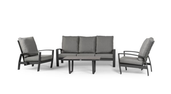 Ensemble de canapés Alu Lounge Valencia 3 places + 2xRelax structure charbon avec coussin en tissu suisse + table basse Trespa gris forêt