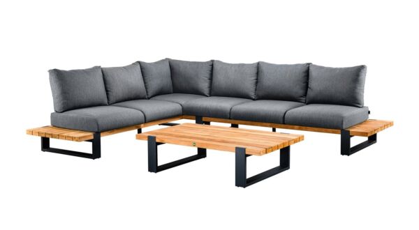Nardo Corner Lounge Set 3-piece Alu Matt Royal Gray With Teak Top + Fontelina Light Anthracite Mixed Waeve Cushions - Water Repellent
