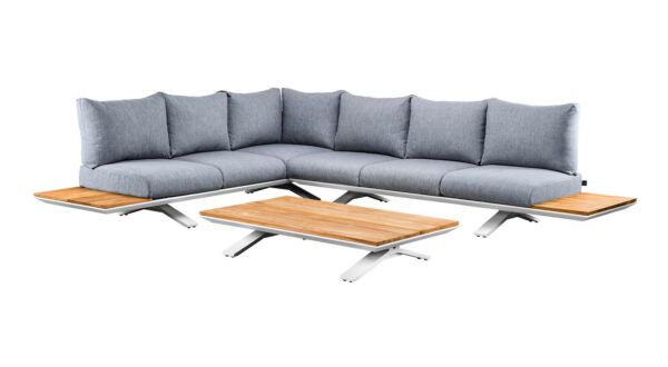 Stockholm Ecklounge-Set, 3-teilig, Alu-weiße Matte mit Teakholzplatte + wasserabweisende Fontelina Soft Grey Mixed Wave-Kissen