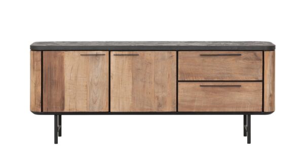 Soho TV-Meubel 150cm 2 Draaideuren + 2 Laden Recup Teak Op Zwart Metalen Onderstel