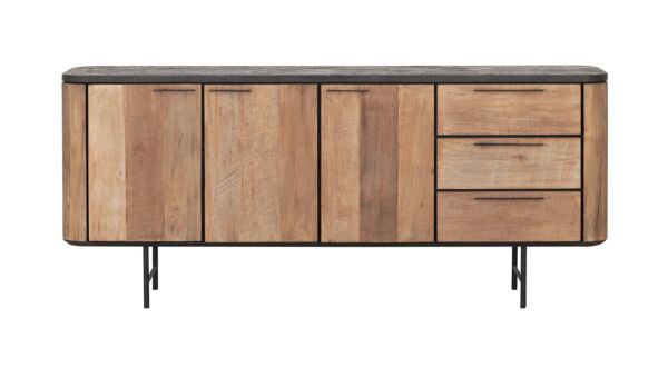 Soho Dressoir 200cm 3 Draaideuren + 3 Laden Recup Teak Op Zwart Metalen Onderstel 