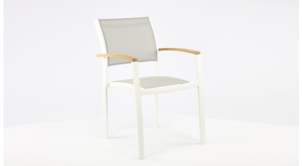 Alu Stapelstoel Namur White Mat - Light Grey Textilene + Teak Arm Rest