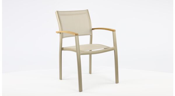 Alu Stapelstoel Namur Champagne Mat - Light Taupe Textilene + Teak Arm Rest