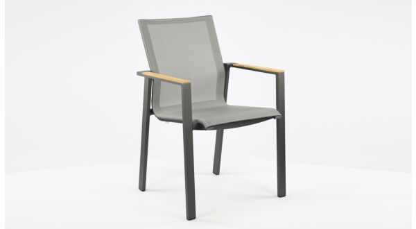 Alu Stacking Chair Brooklyn Charcoal Mat - Silver Grey Textilene + Teak Arm