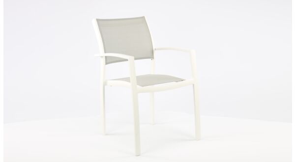 Chaise empilable Alu Namur Blanc Mat - Textilène Gris Clair + Accoudoir Alu