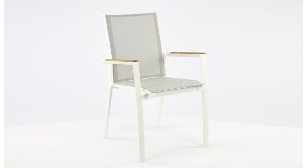 Alu Stacking Chair Sydney White Matt - Light Grey Textilene - Teak Arm