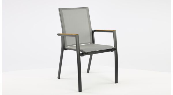 Alu Stacking Chair Sydney Charcoal Mat - Silver Grey Textilene - Teak Arm