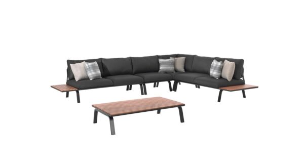 Alu Lounge Set Figaro Black Mat With Teak Top + Rope Black With Cushions Color Dark Gray Olefin