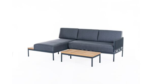 Alu Lounge Set Aragon Charcoal Mat Avec Plateau En Teck + Corde Noir Avec Coussins Couleur Gris Foncé Oléfine