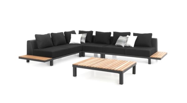 Alu/Teak Lounge Hollywood Set 1x 2-Sitzer L&R + Ecke + Couchtisch Anthrazit Mattes Alu - Graue Olefinkissen