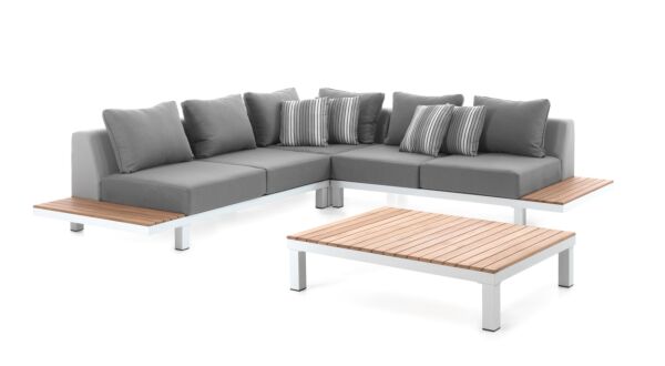 Alu/Teak-Lounge-Hollywood-Set, 1 x 2-Sitzer links + 1 x 2-Sitzer rechts + Ecke + Couchtisch, weiß mattiertes Alu – graue Olefin-Kissen