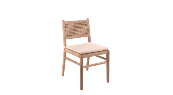 Chaise design Menorca en teck brossé clair + corde et coussin couleur écru