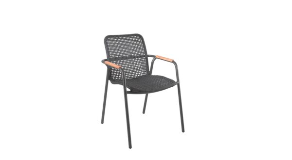 Chaise Empilable Alu Diego Noir Mat Alu + Corde Noire + Bras Teck