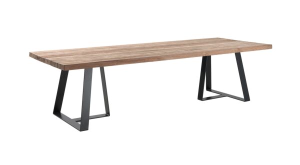 Table de jardin en teck Magdalena 300 cm x 110 cm droite avec pieds en métal noir - Recup Teck