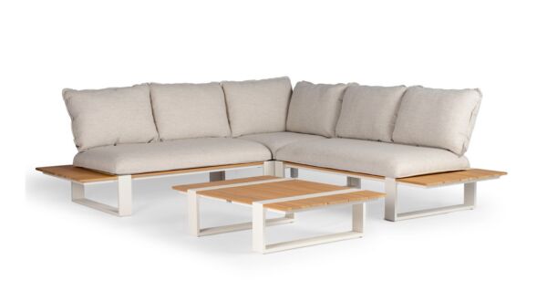 Alu Lounge Seto Ecklounge Alu Cremeweißer Rahmen + Teakholzplatte mit AW-Kissen Dove Olefin