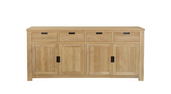 Buffet Moderne Noir 220cm 4 Portes Tournantes + 4 Tiroirs Recup Teck Clair Brossé Collection Diamant