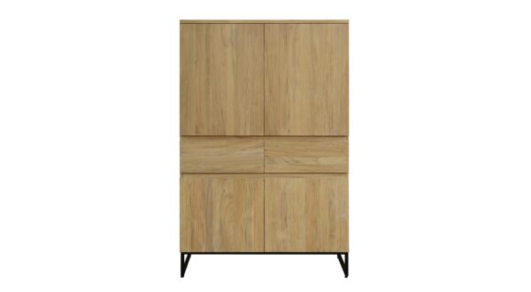 Modena Barschrank 100 cm mit 4 Drehtüren und 2 Schubladen, Teakholz hell gebürstet – Diamond Collection