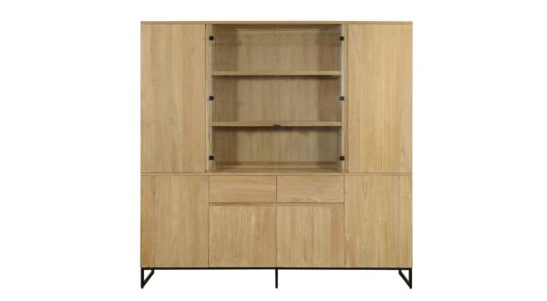 Modena Vitrinekast Met 6 Draaideuren en 2 Glasdeuren en 2 Laden 200cm x 47cm x H198cm Teak Light Brushed