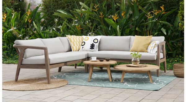 Cairo Hoeklounge + Salontafel Hout Acacia Walnut - Kussens Serval Light Brown Olefin 370 - Luxury Lounge