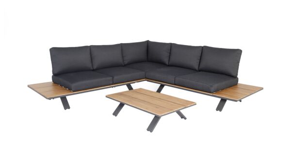Atlanta Hoeklounge 3-delig - Alu Frame Antracite + Acacia Top - Kussens Royal Stone Grey 240
