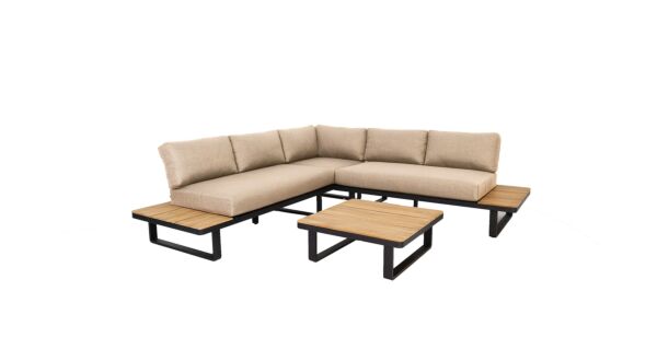 Napels Hoeklounge 3-delig - Alu Frame Black + Acacia Top Teak Look - Kussens Light Brown Olefin 240