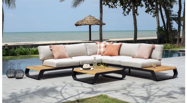 Perla Corner Lounge Alu Frame Black + Teak Natural - Cushions Serval Light Brown Olefin 370