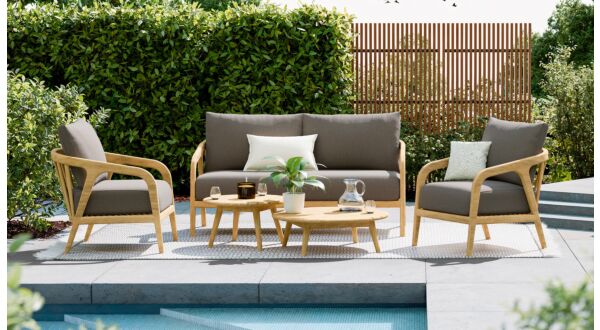 Florence Lounge Set + Coffee Table S/2 Wood Acacia Light Teak - Cushions Serval Antracite Olefin 370 - Luxury Lounge