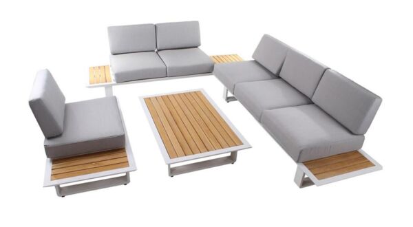 Alu Dyna Lounge Set Alu White With Teak Top + Grey QDF Seat and Back Cushions 286cm x 230cm x H78cm