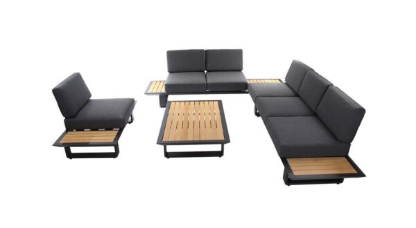 Ensemble de salon Alu Dyna Alu Charcoal avec plateau en teck + coussins d'assise et de dossier QDF noirs 286 cm x 230 cm x H78 cm