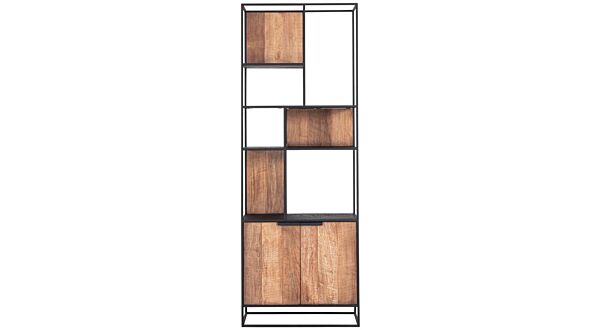 Cosmo TV Wandelement Boekrek 2 Deuren en Open Rek 80cm x 40cm x H220cm Recup Teak Hout Met Zwart Metalen Frame  