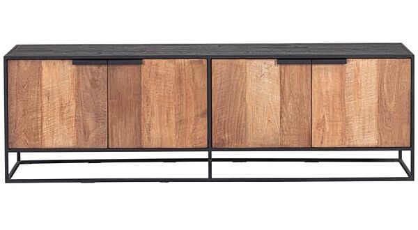 Cosmo TV Wandelement TV-meubel Met 4 Deuren 180cm x 40cm x H56cm Recup Teak Hout Met Zwart Metalen Frame 