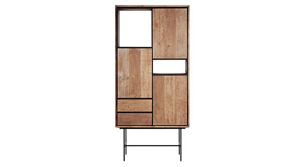 Metropole Wandkast Met 3 Deuren + 2 Laden + 2 Open Vakken 100cm x 40cm x H210cm Recup Teak Hout Met Zwart Metalen Frame 