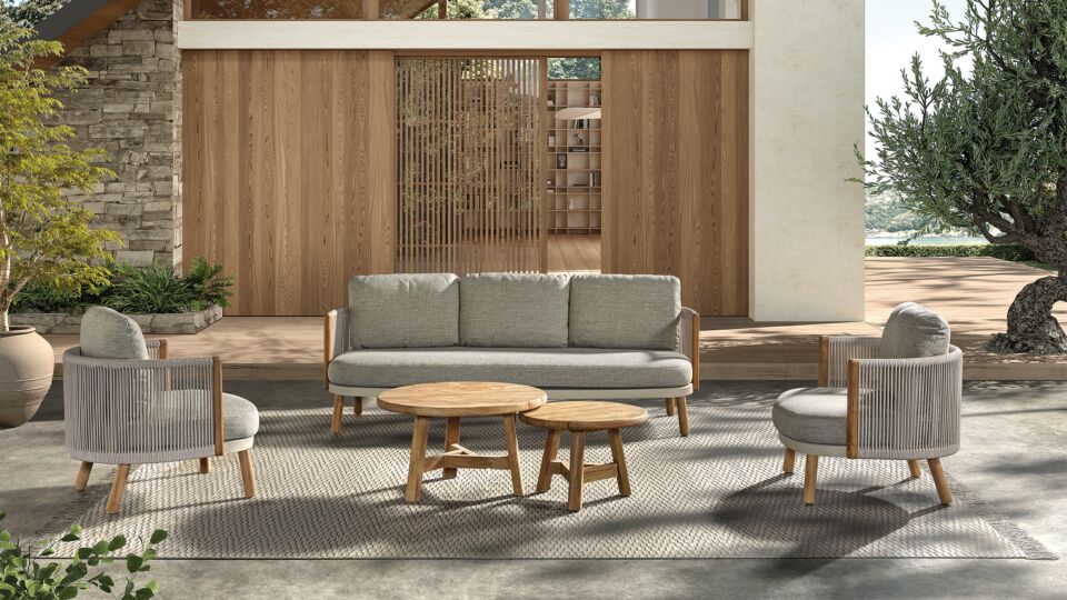 Alu-Teak Lounge Set Milan 1 x 3-Seater + 2 x 1-Seater Linen With Rope Beige + Seat and Back Cushions Beige main product photo