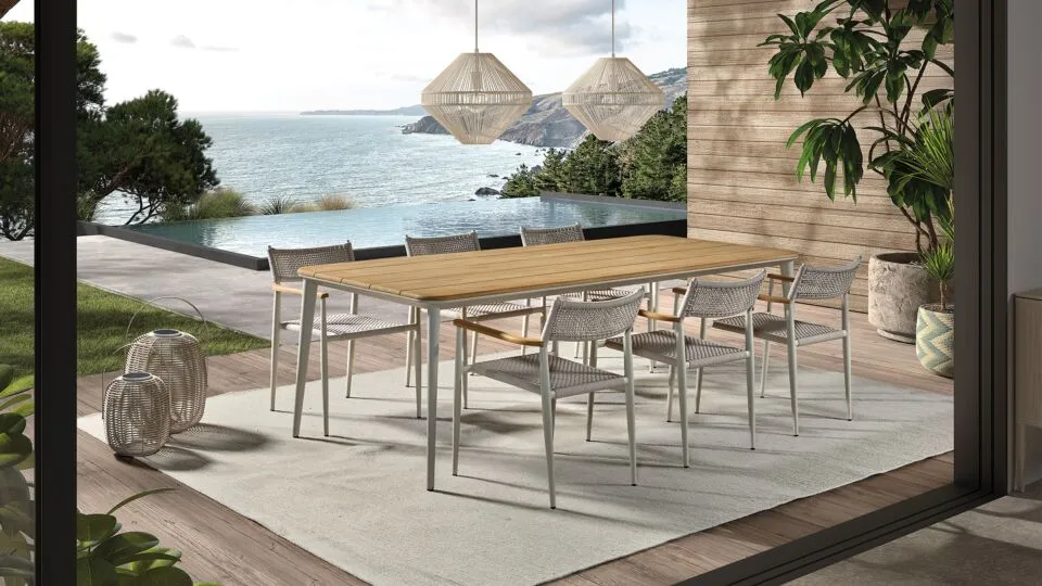 Alu Teak tuintafel jack alu linnen 240cm 100cm sfeer