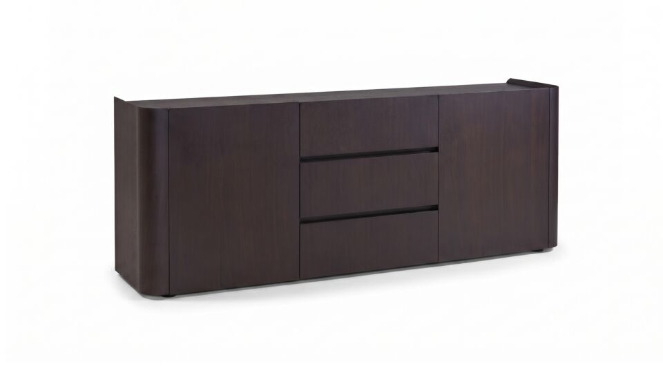 Buffet en noyer foncé, 2 portes à charnières + 3 tiroirs, placage noyer foncé - DISPONIBILITÉ EN SHOWROOM FIN OCTOBRE 2026 main product photo