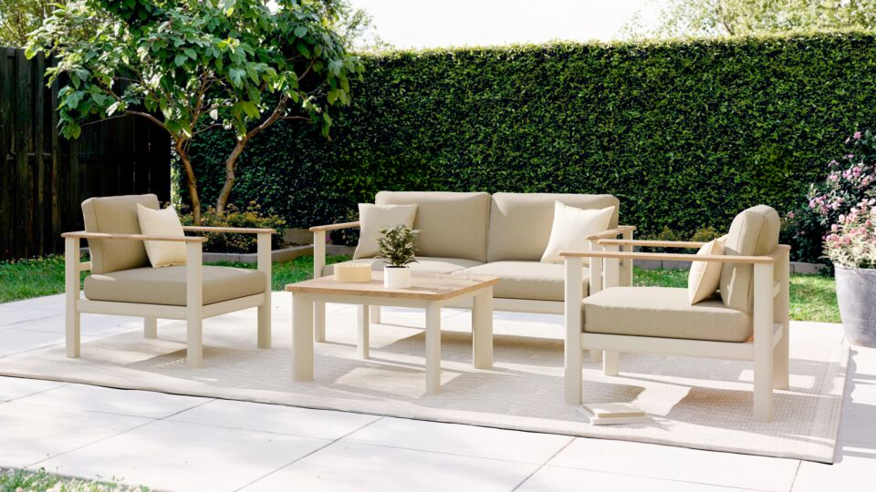 Forza Lounge Sofa Set Alu Frame Sand + Teak Natural Armrest - Cushions Serval Light Brown Olefin 370 main product photo