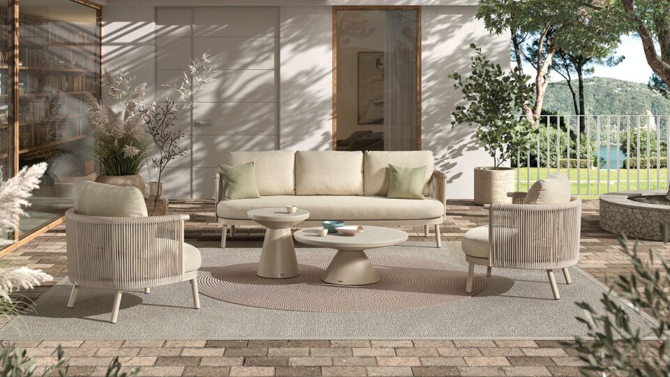 Alu-Lounge-Set Milan 1 x 3-Sitzer + 2x 1-Sitzer + S/2 Couchtische Alu-Leinen mit Seil Beige + Sitz- und Rückenkissen Sunbrella Beige main product photo