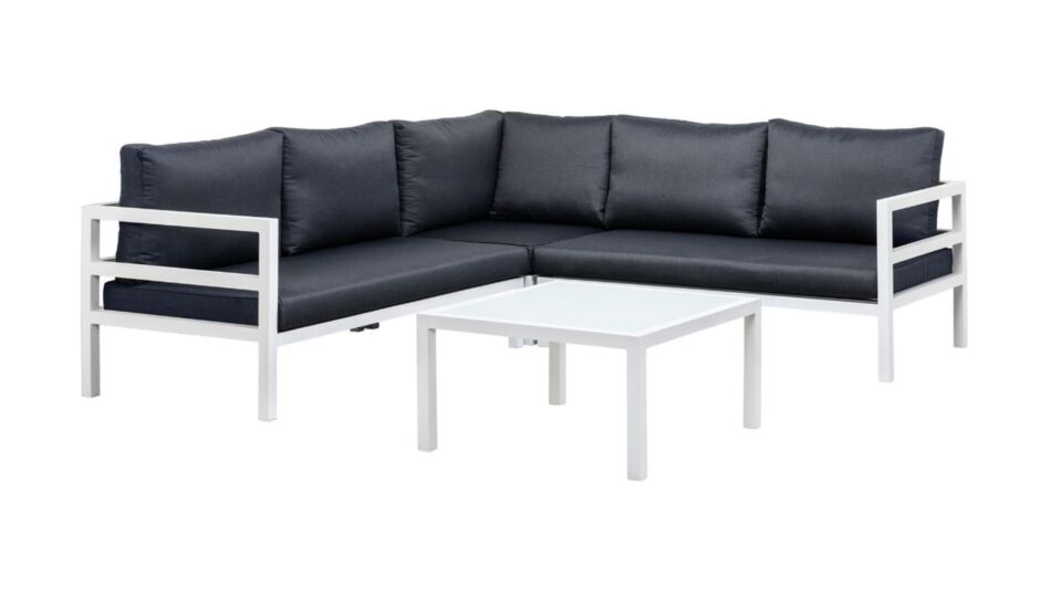 Salon d'angle Barolo 4 pièces Alu Blanc Mat + Coussins Gris Délavé Déperlant main product photo