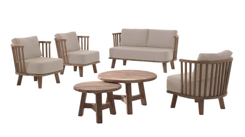 Teak-Lounge-Set Casablanca 1x2-Sitzer + 2x1-Sitzer + S/2 Couchtische Recup Teak mit Sitz- und Rückenkissen Sunbrella Heritage Papyrus – Quickdry main product photo