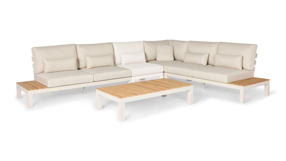 Vienna Corner Lounge Set 4-piece With Teak Top Alu Camel Sand Matt + Natural Mixed Weave Cushions Water Repellent main product photo