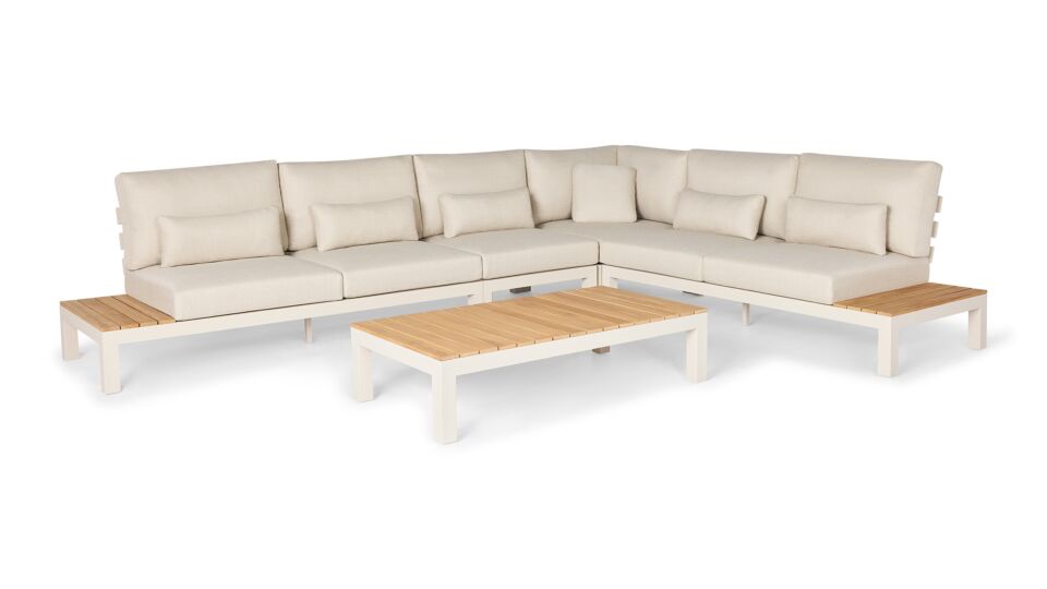 Salon d'angle Vienna 5 pièces avec plateau en teck Alu Camel Sand Mat + coussins en tissage mixte naturel hydrofuge main product photo