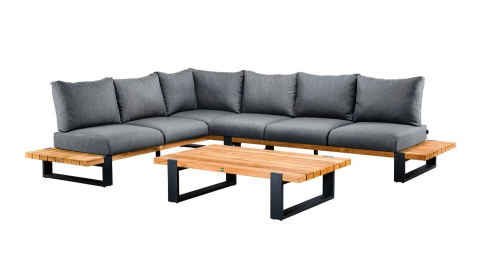 Nardo Hoeklounge Set 3-delig Alu Mat Royal Grey Met Teak Top + Fontelina Light Antraciet Mixed Waeve Kussens - Water Repellent main product photo
