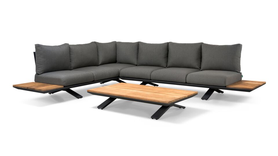 Stockholm Hoeklounge Set 3-delig Alu Mat Royal Grey Met Teak Top + Fontelina Light Anthracite Mixed Wave Kussens Water Repellent main product photo
