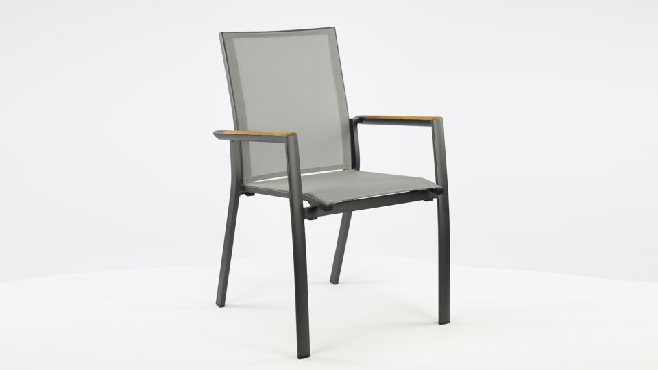 Alu Stapelstoel Sydney Charcoal Mat - Zilvergrijs Textileen - Teak Arm main product photo