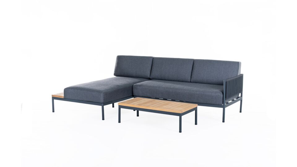 Alu Lounge Set Aragon Charcoal Mat Avec Plateau En Teck + Corde Noir Avec Coussins Couleur Gris Foncé Oléfine main product photo