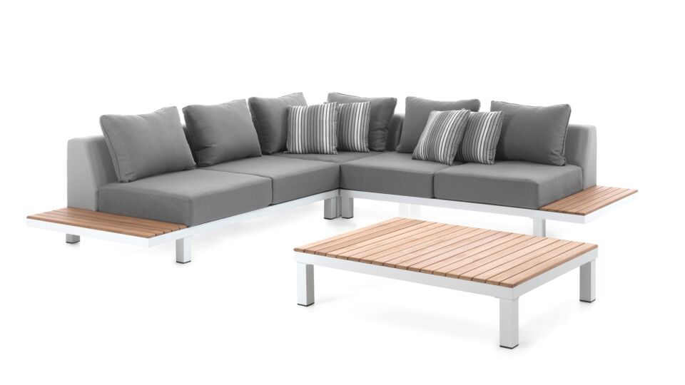 Ensemble Lounge Hollywood Alu/Teck 1 x 2 places Gauche + 1 x 2 Places Droite + Coin + Table Basse Alu Blanc Mat - Coussins Oléfine Gris main product photo