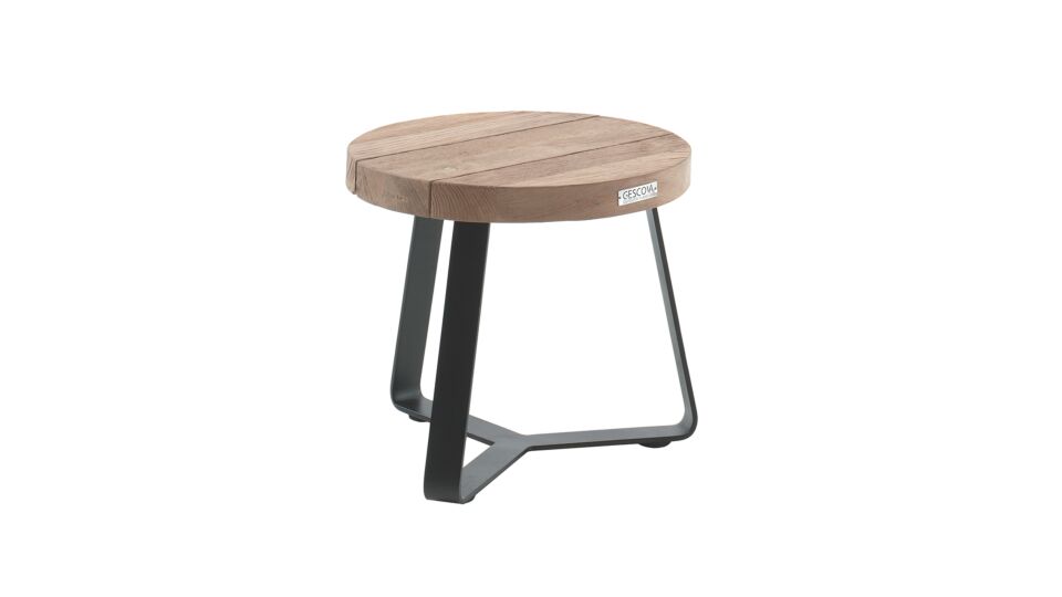 Teak Salontafel Margarite Rond Dia 40cm Recup Teak op Zwart Metalen Voet main product photo