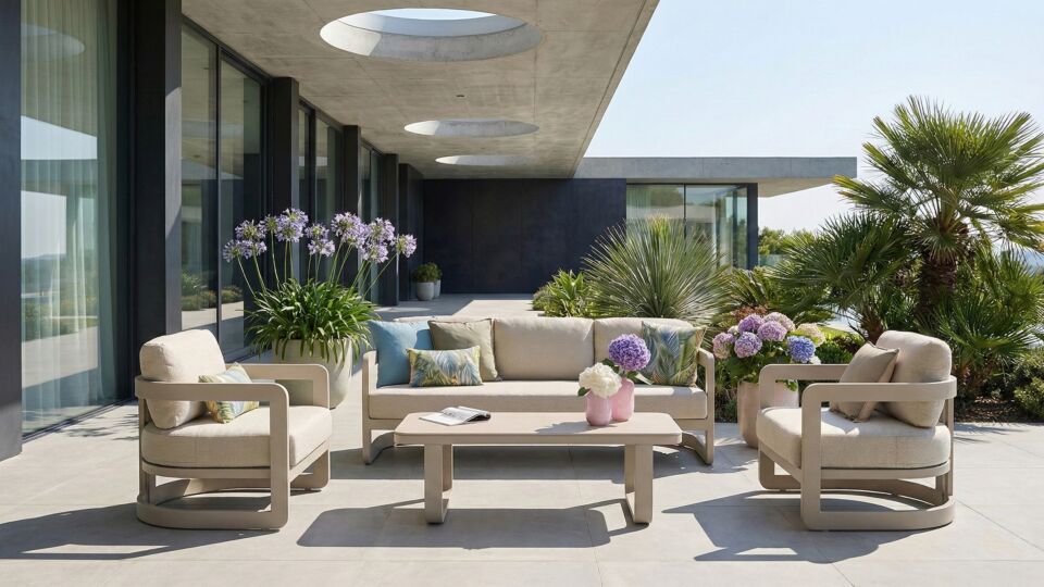 Ensemble de salon Milano, cadre en aluminium, couleur sable, avec coussins d'assise et de dossier en mousse oléfine Easy Dry main product photo